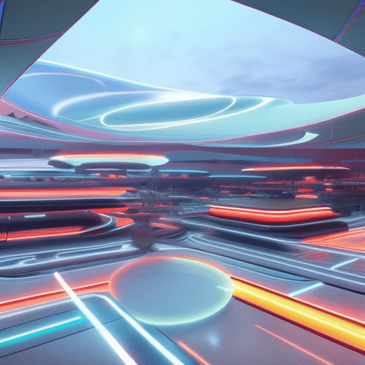 An image featuring a vibrant, futuristic digital landscape, with a prominent Footaction store glowing in the center